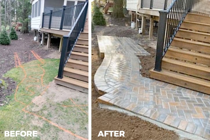 Before and After of Brick Pavers for Deck Landing