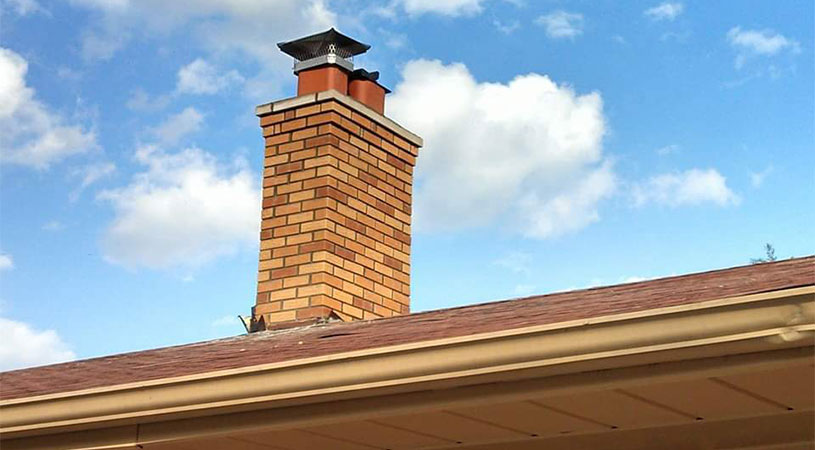 Chimney Repair with blue sky after Brick Masonry in Macomb County